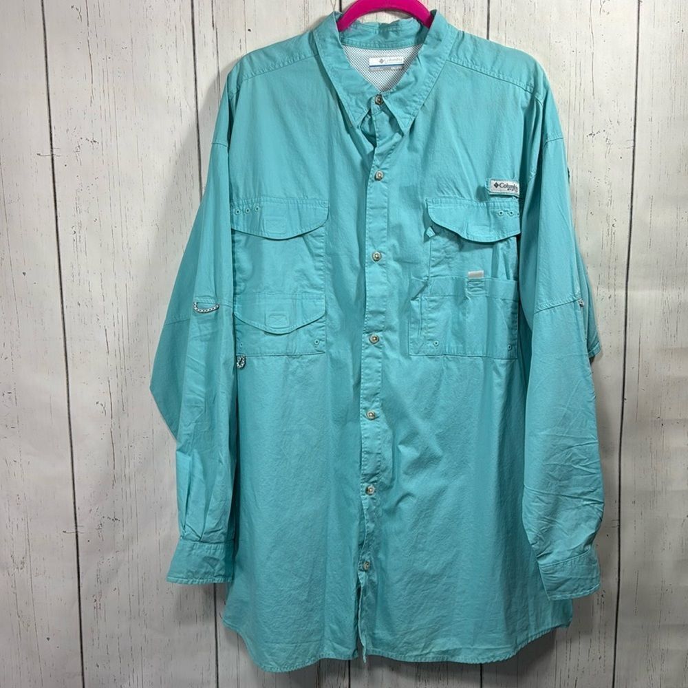 Columbia PFG Fishing Shirt XXL Aqua Blue Vented Outdoor Hiking